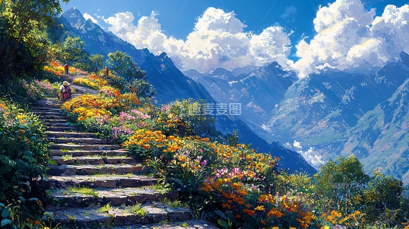 高清大图下载【趣麦麦图】山间小路鲜花盛开
