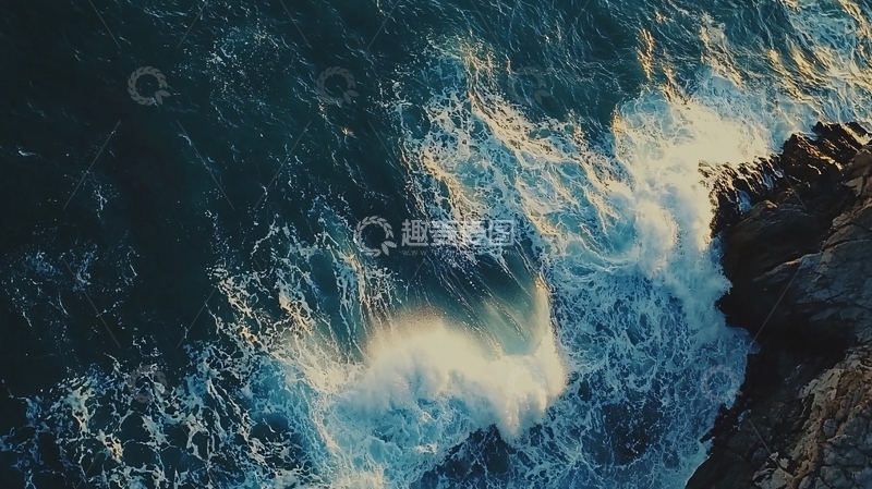 高清大图下载【趣麦麦图】高空俯瞰海浪拍打岩石