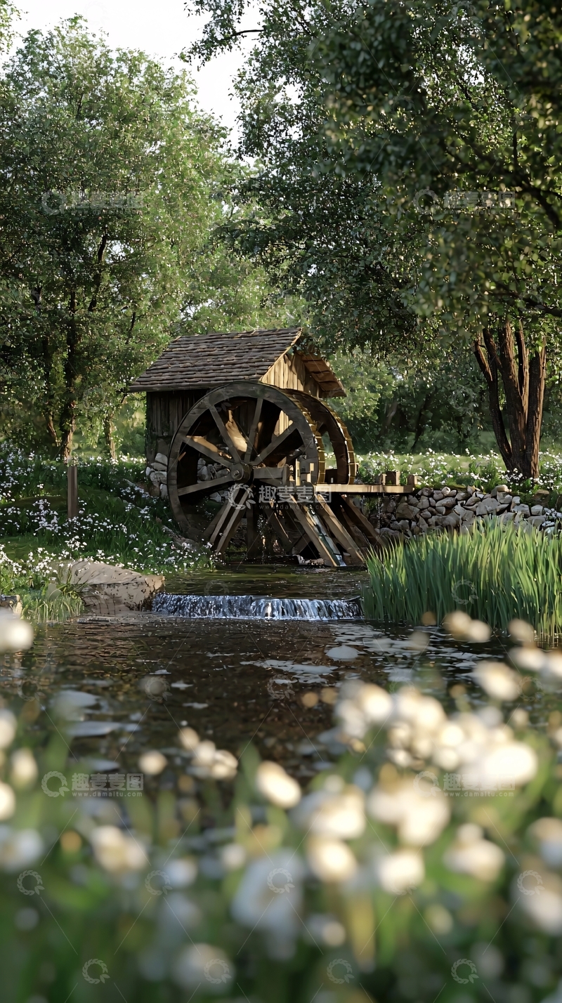 高清大图下载【趣麦麦图】木质水车小屋溪流景色