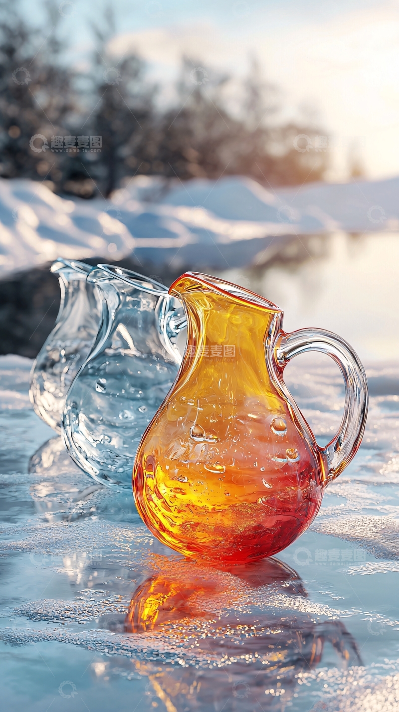 高清大图下载【趣麦麦图】冰面上的玻璃水壶