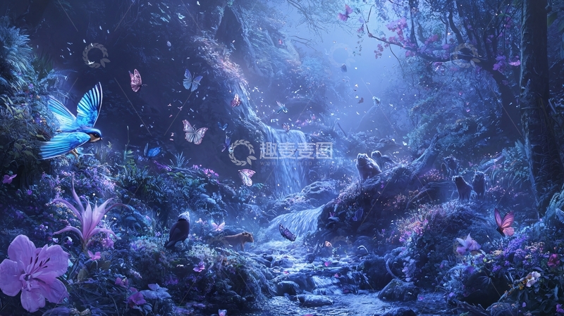 高清大图下载【趣麦麦图】梦幻蓝紫色蝴蝶瀑布森林