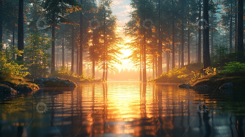 高清大图下载【趣麦麦图】森林日出倒影