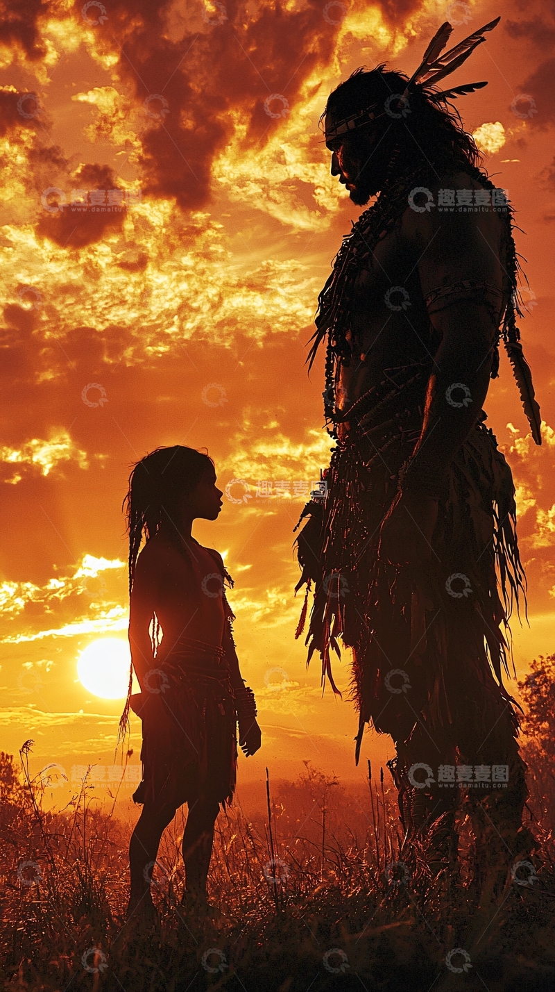 高清大图下载【趣麦麦图】落日余晖下的巨人与孩童