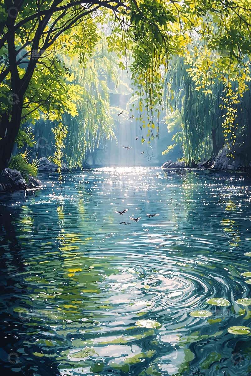 高清大图下载【趣麦麦图】阳光洒在湖面上的森林