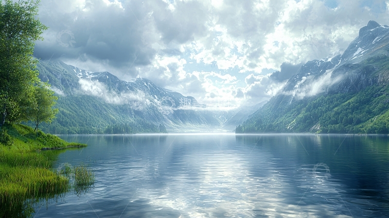 高清大图下载【趣麦麦图】平静湖面山景云雾缭绕