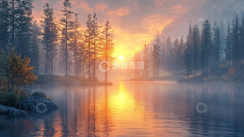 高清大图下载【趣麦麦图】清晨雾气森林湖泊日出