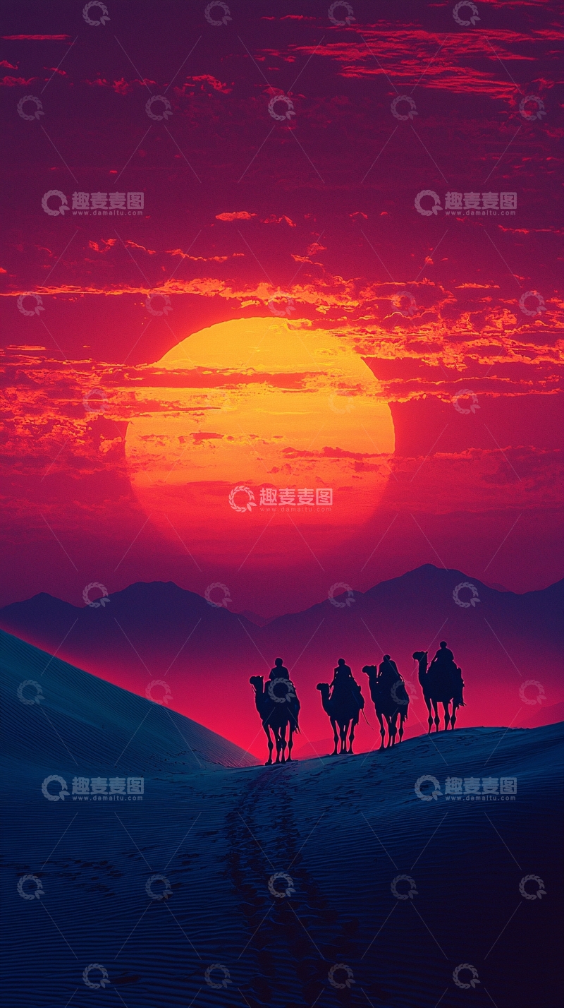 高清大图下载【趣麦麦图】沙漠日落骆驼剪影