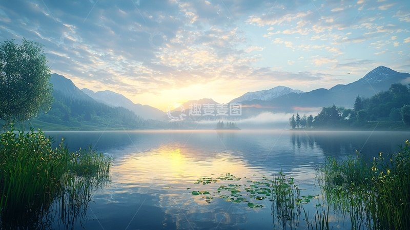 高清大图下载【趣麦麦图】清晨湖泊山峦日出