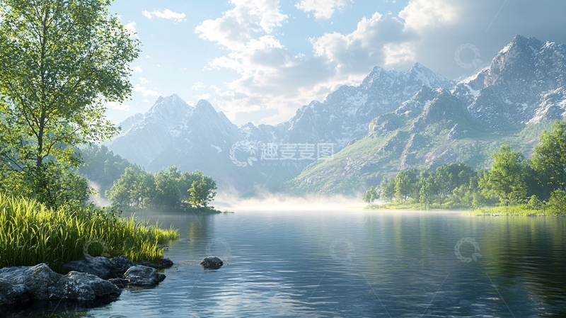 高清大图下载【趣麦麦图】宁静湖面与雪山背景