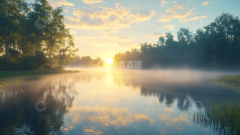 高清大图下载【趣麦麦图】清晨河边雾气朝阳