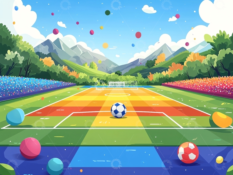 高清大图下载【趣麦麦图】色彩鲜艳的足球场插画