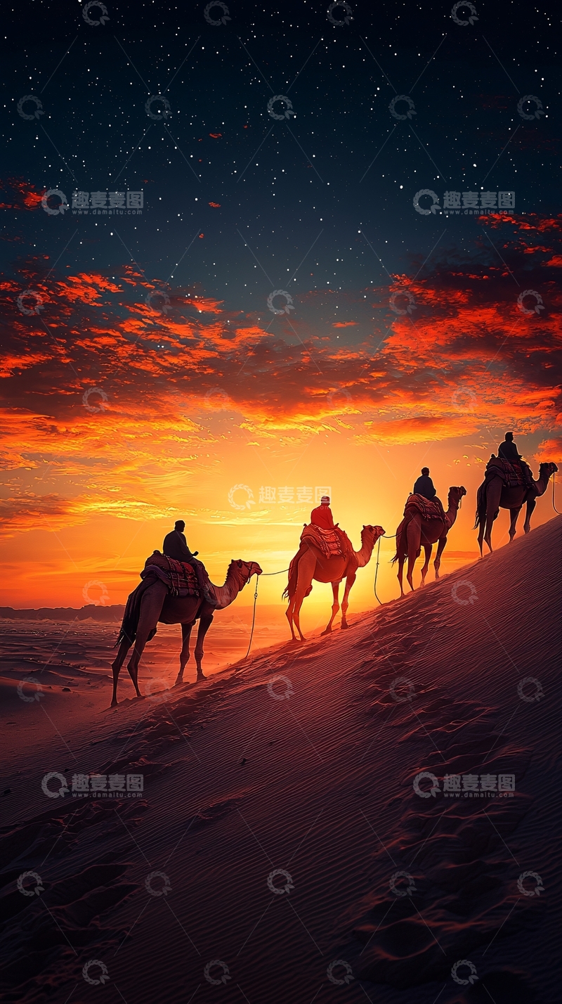 高清大图下载【趣麦麦图】沙漠骆驼队日落剪影