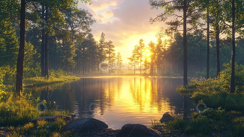 高清大图下载【趣麦麦图】森林日出湖泊