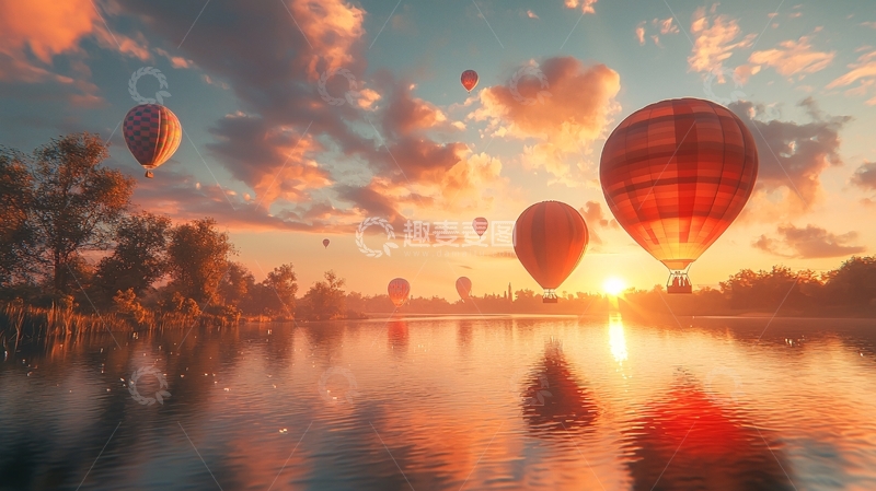 高清大图下载【趣麦麦图】热气球在湖面上飞行