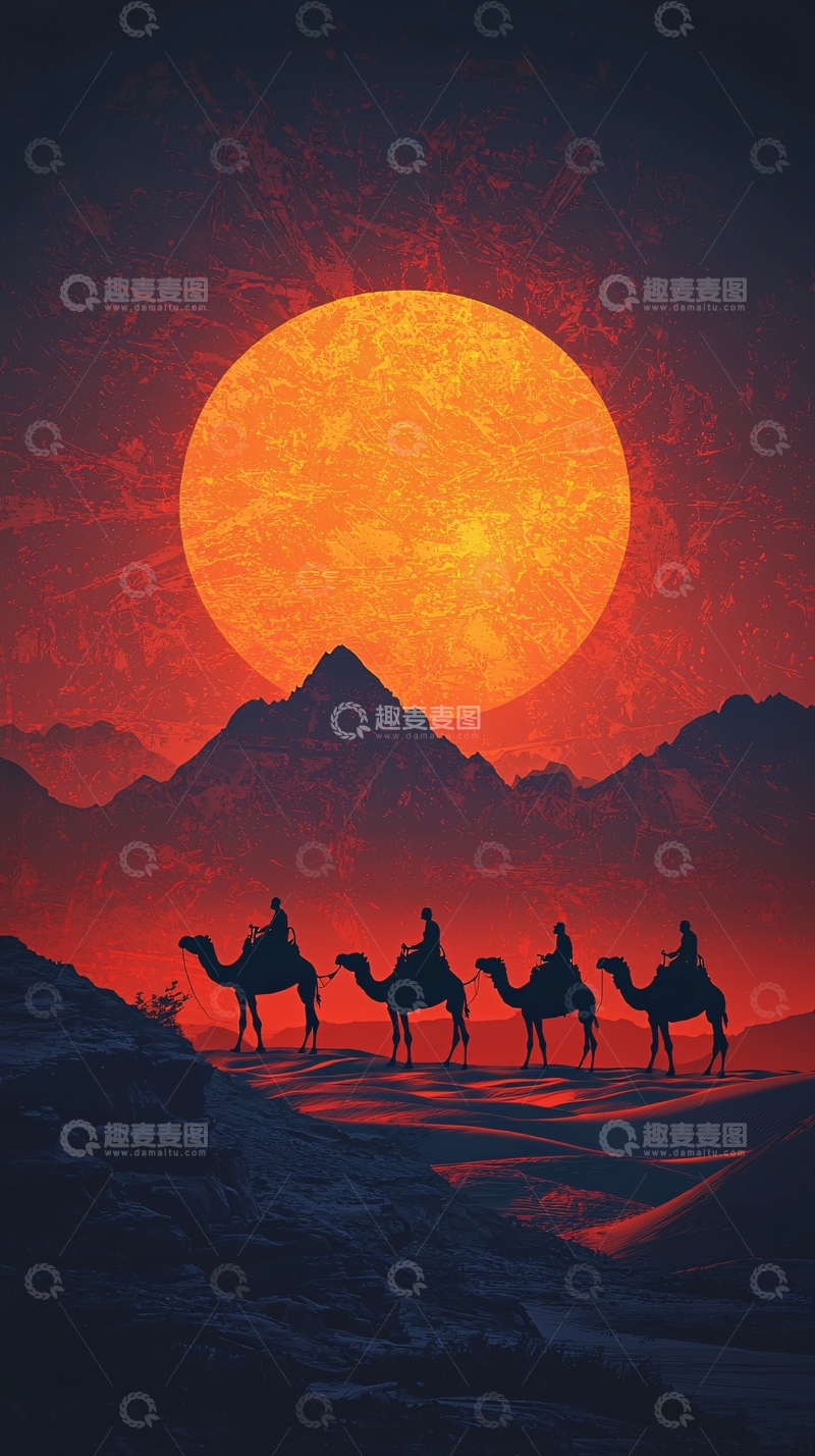 高清大图下载【趣麦麦图】沙漠驼队日落下的剪影