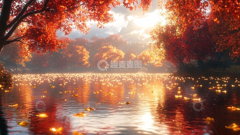 高清大图下载【趣麦麦图】秋日湖泊红叶倒影