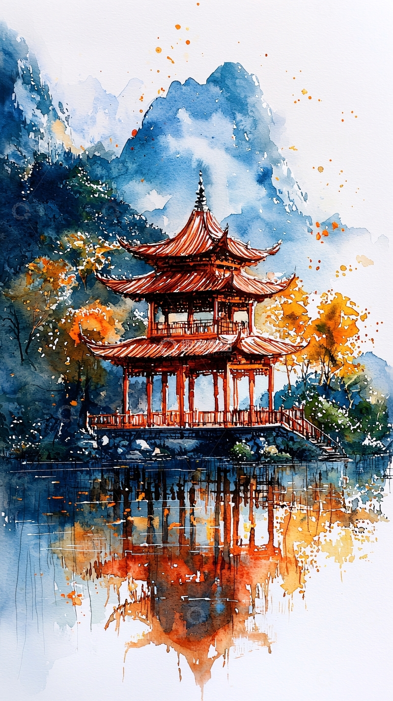 高清大图下载【趣麦麦图】水彩中国风亭台楼阁