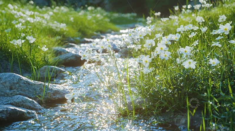高清大图下载【趣麦麦图】溪流边盛开小白花