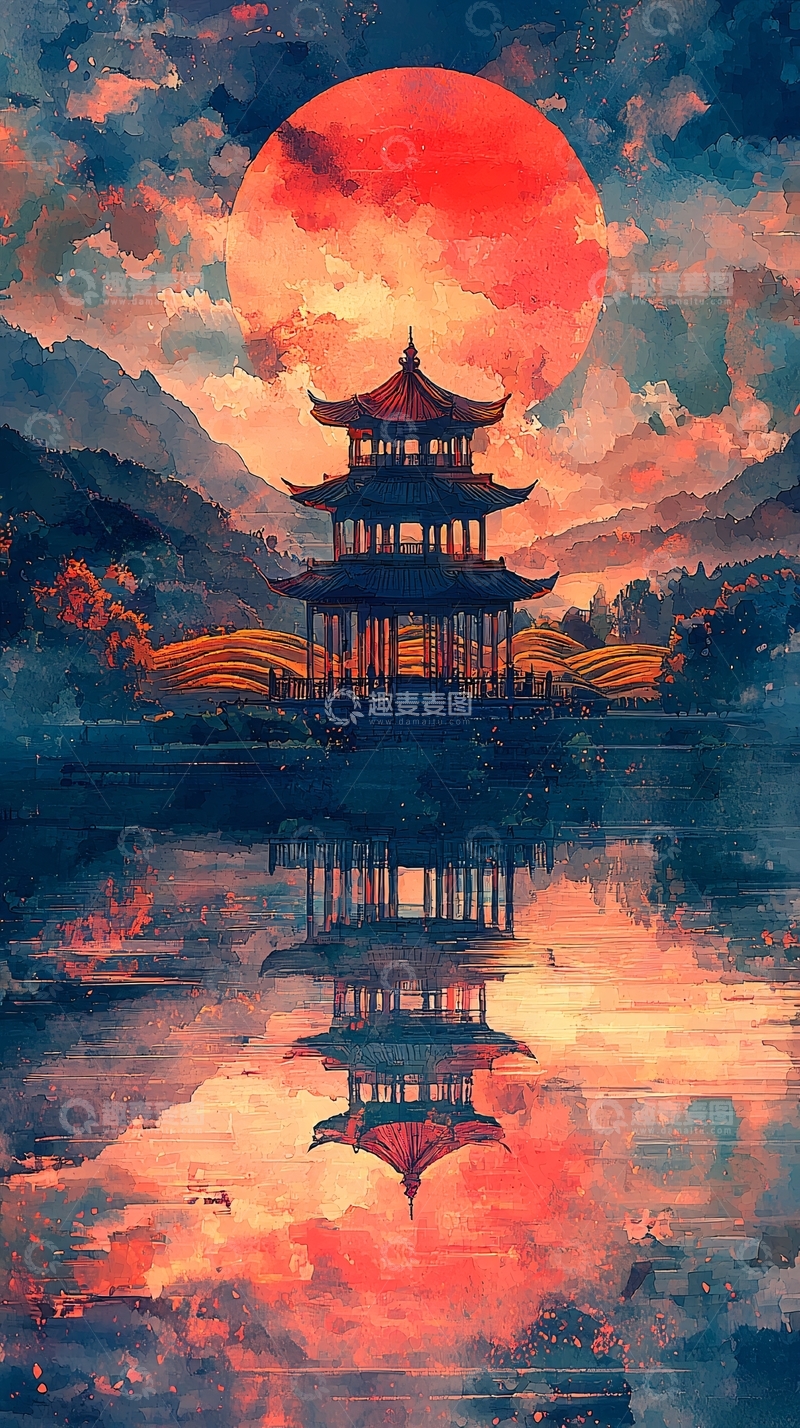 高清大图下载【趣麦麦图】红月下的中式建筑