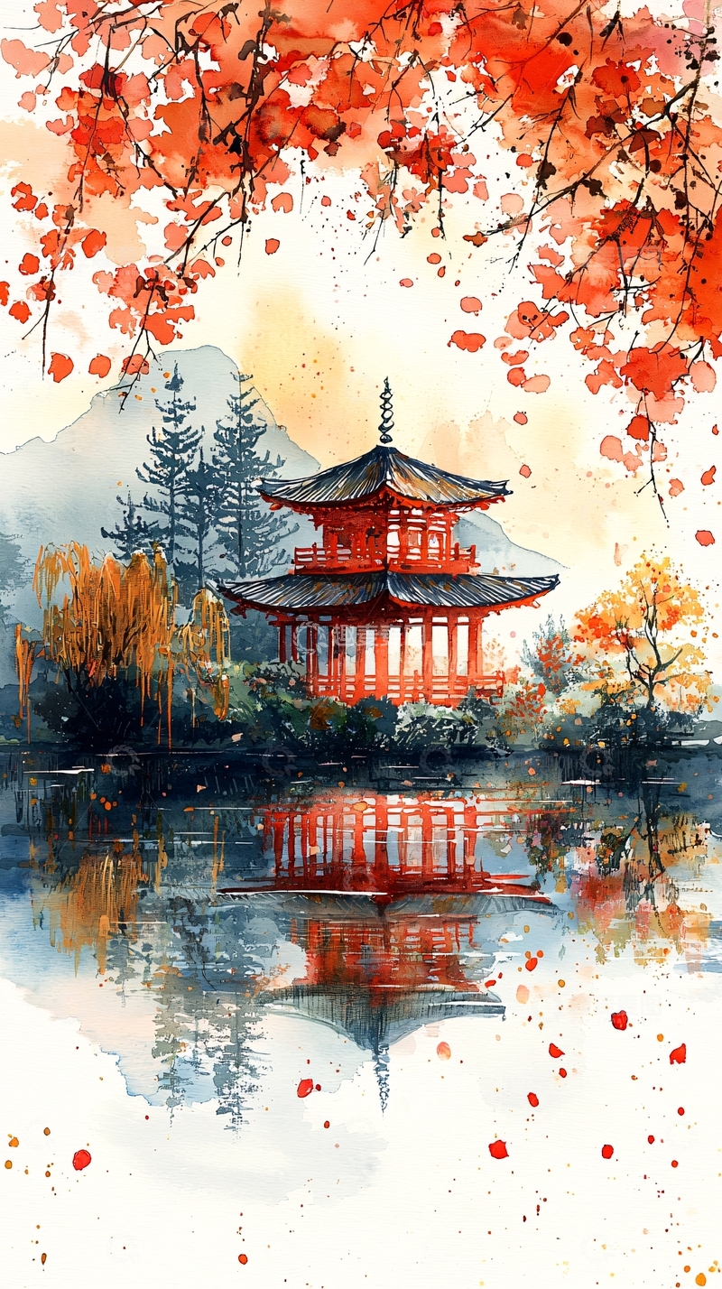 高清大图下载【趣麦麦图】水彩画中的日本寺庙