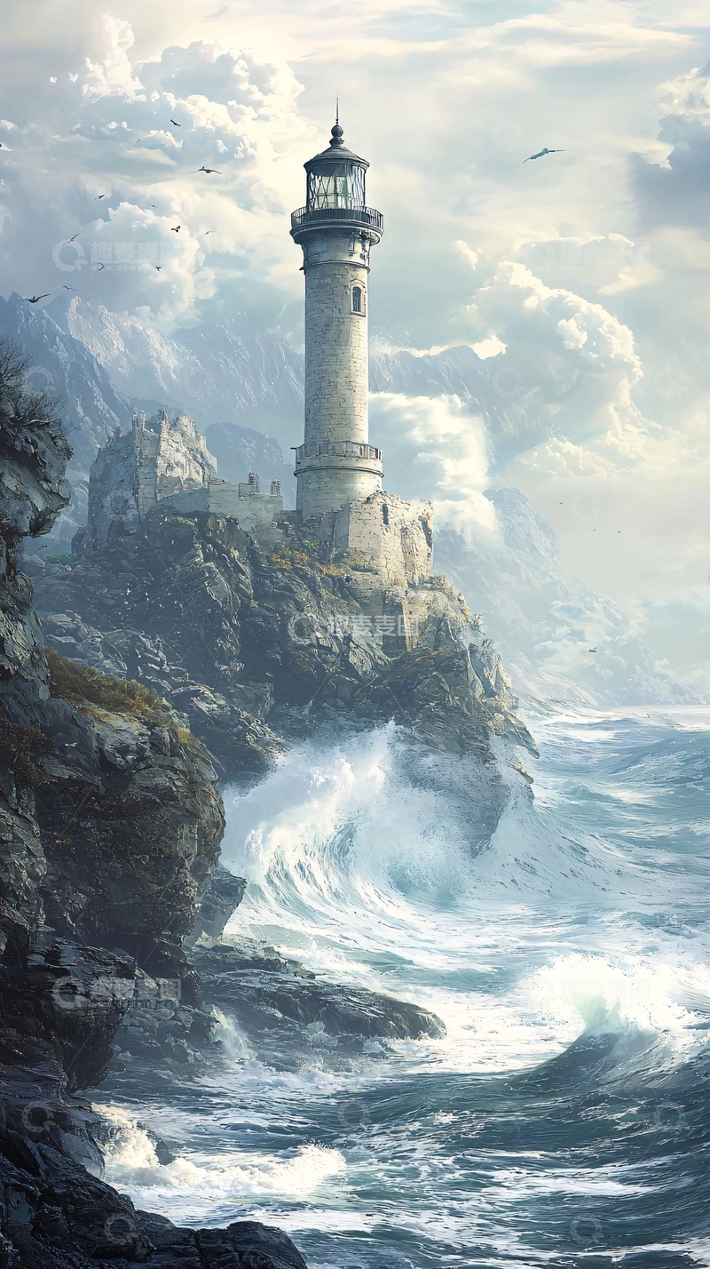 高清大图下载【趣麦麦图】风暴中的白色灯塔
