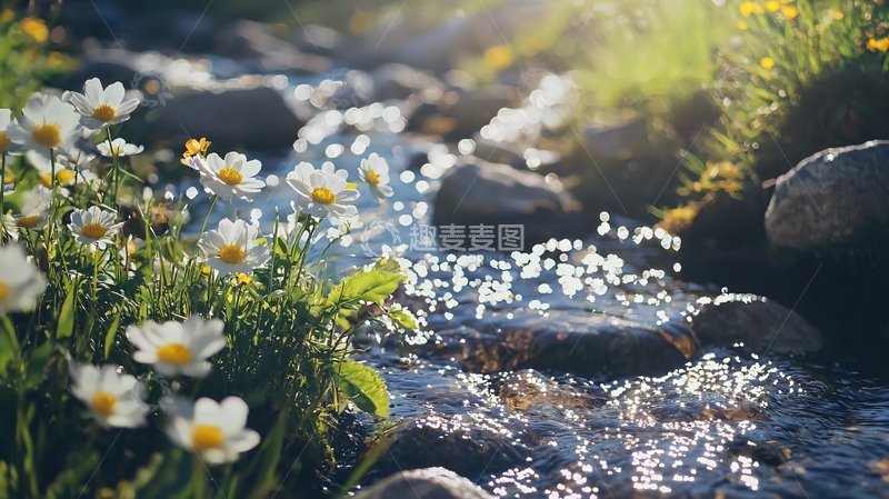 高清大图下载【趣麦麦图】溪流边盛开的白色雏菊