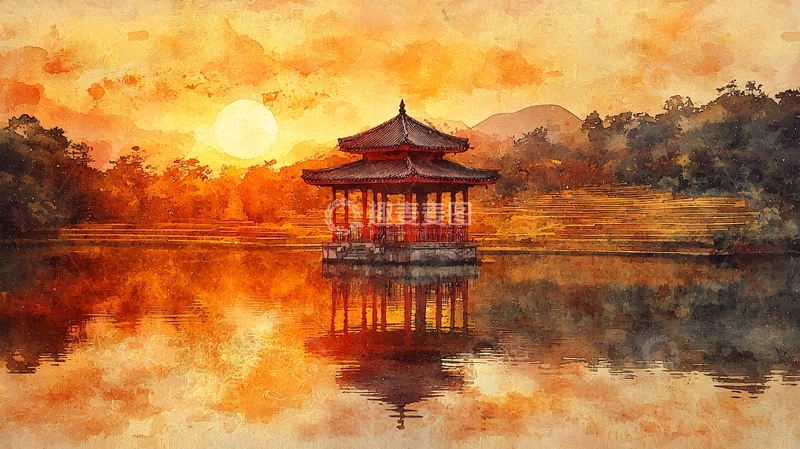 高清大图下载【趣麦麦图】日落下的韩国亭台