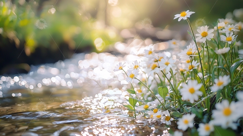 高清大图下载【趣麦麦图】阳光下的溪流边盛开的雏菊