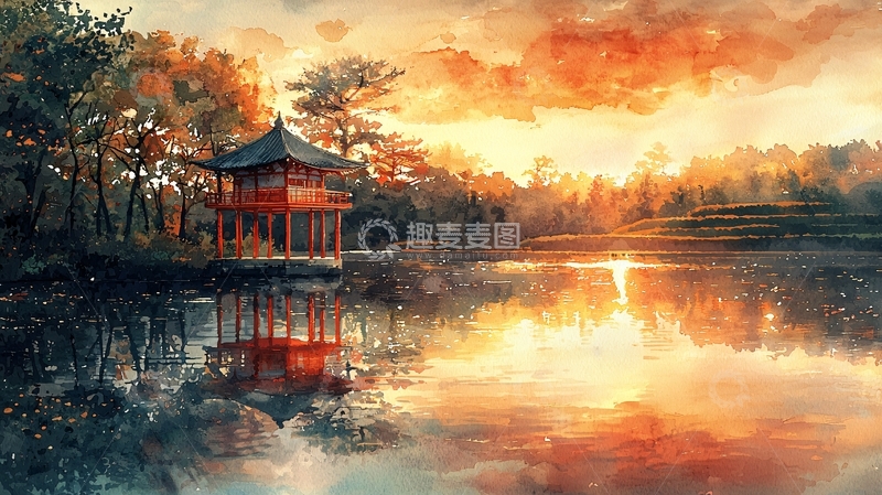 高清大图下载【趣麦麦图】湖边红亭夕阳晚照