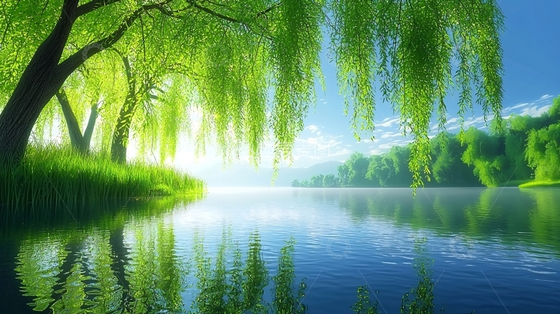 高清大图下载【趣麦麦图】垂柳倒映湖面