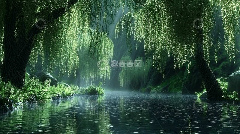 高清大图下载【趣麦麦图】梦幻般绿意盎然的柳树河边