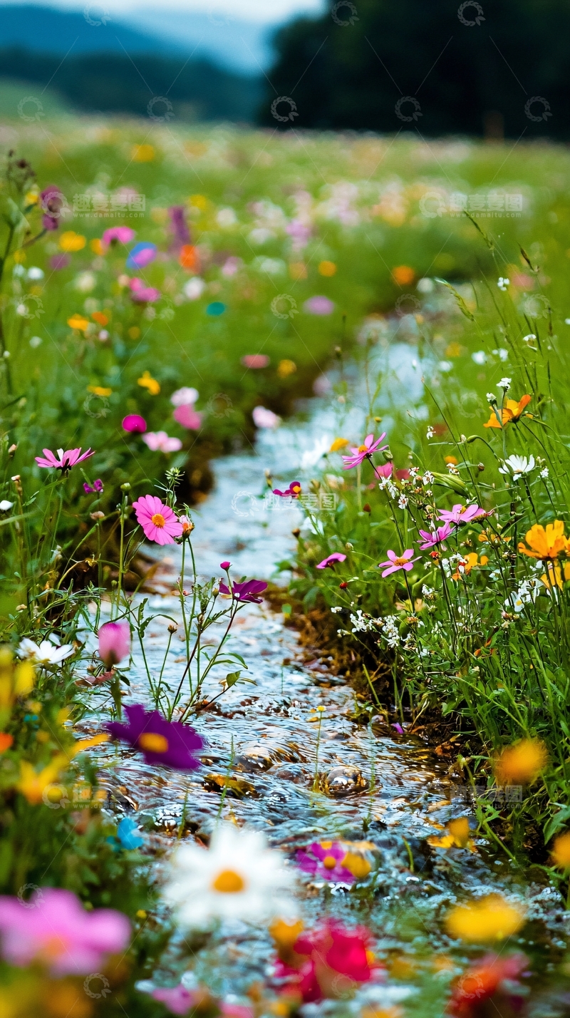高清大图下载【趣麦麦图】田园小溪鲜花盛开