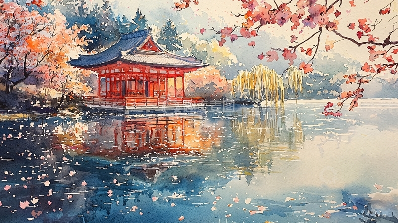 高清大图下载【趣麦麦图】日式湖边亭台水彩画