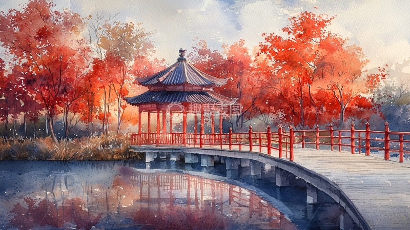 高清大图下载【趣麦麦图】红叶下的中式亭台