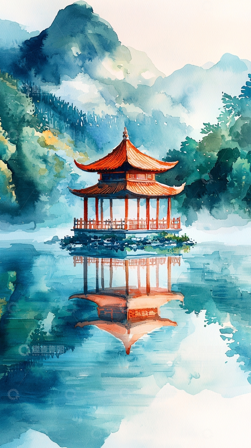 高清大图下载【趣麦麦图】水墨风格亭台楼阁倒影