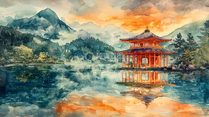 高清大图下载【趣麦麦图】水面上的日式寺庙