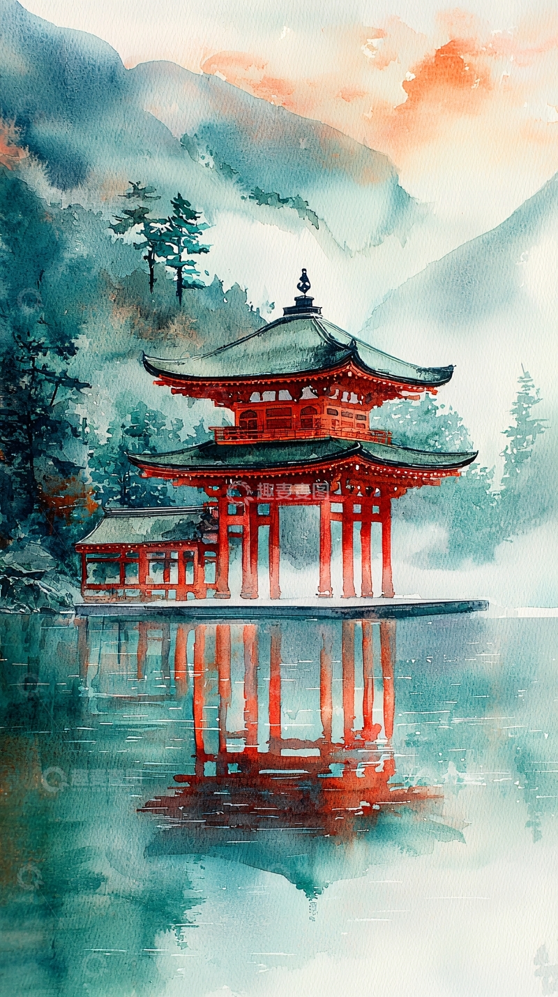 高清大图下载【趣麦麦图】水面上的红色寺庙