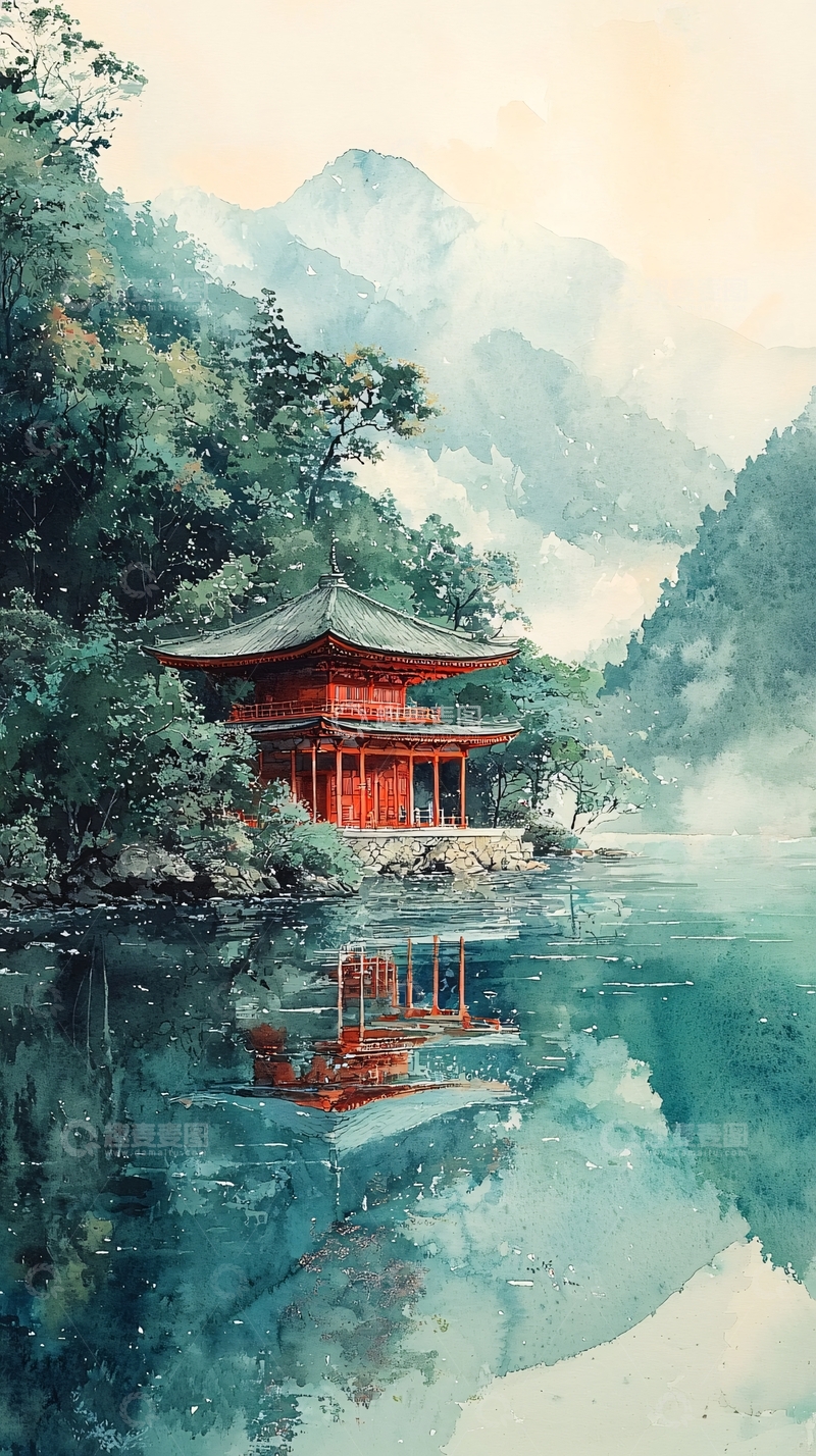高清大图下载【趣麦麦图】水边红色日式寺庙