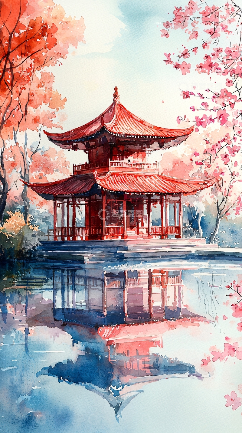高清大图下载【趣麦麦图】水面亭台樱花盛开的唯美画卷