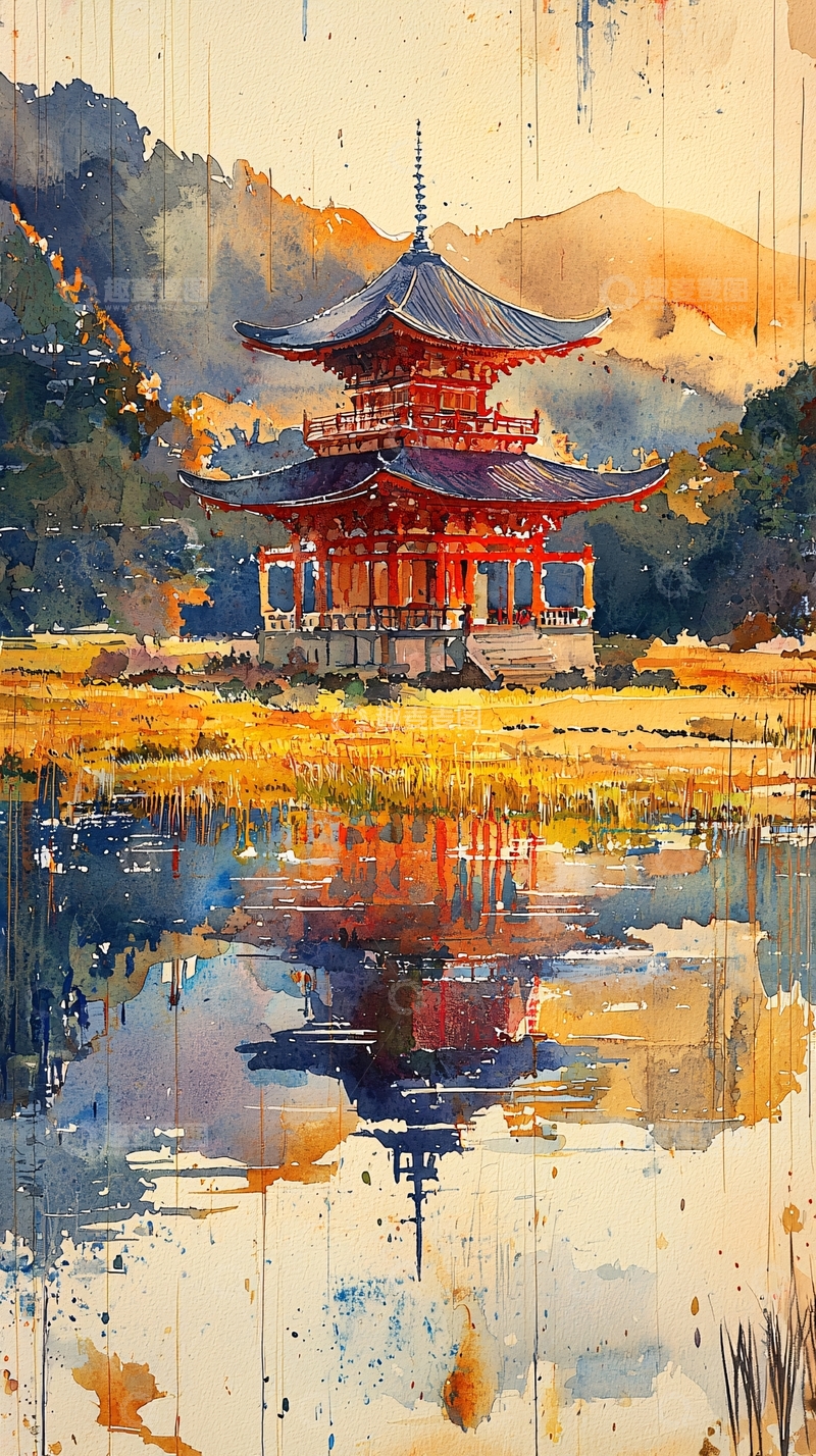 高清大图下载【趣麦麦图】水彩风格的日本塔
