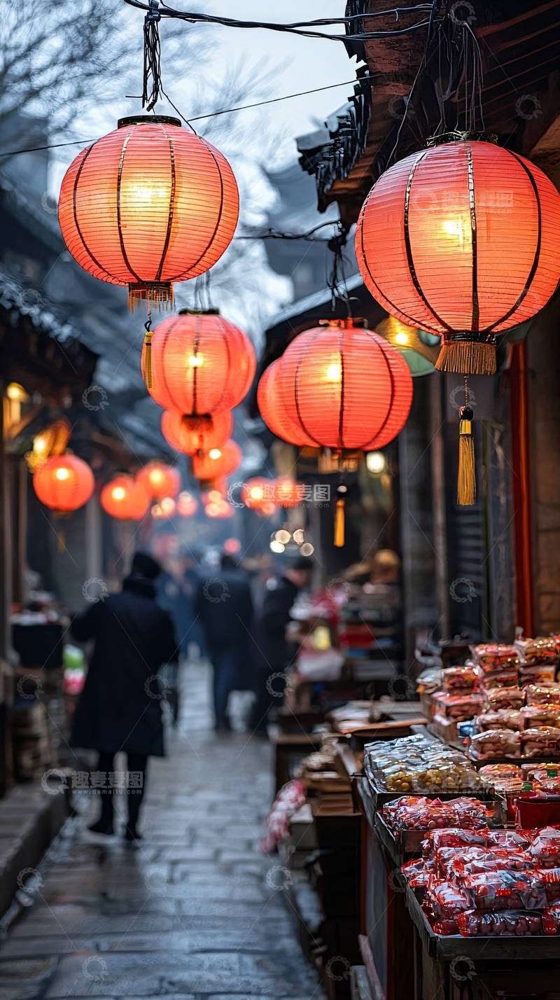高清大图下载【趣麦麦图】灯笼高挂的古色古香街道