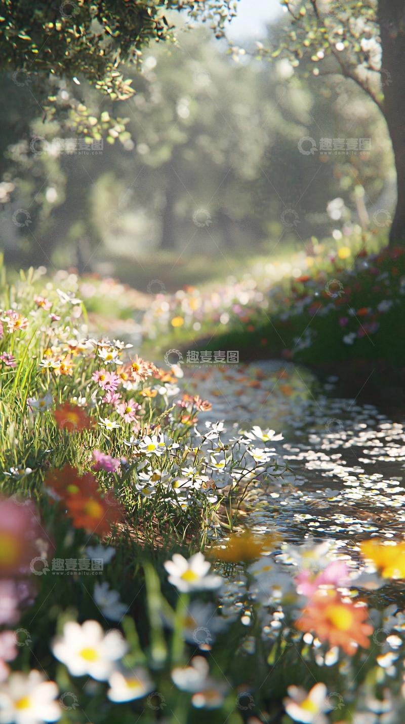 高清大图下载【趣麦麦图】梦幻花田溪流