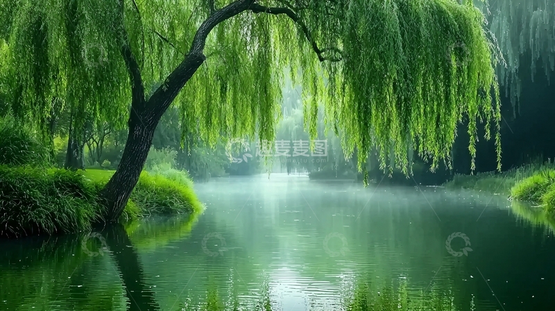 高清大图下载【趣麦麦图】垂柳倒映碧绿湖水