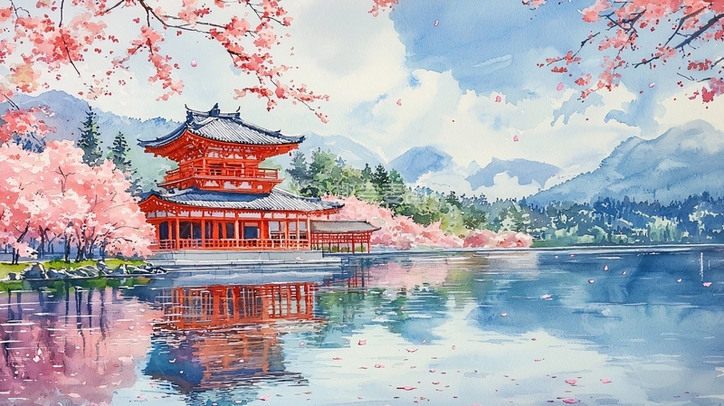 高清大图下载【趣麦麦图】樱花盛开的日式古建筑