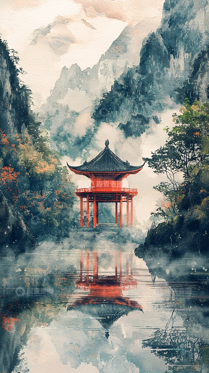 高清大图下载【趣麦麦图】水墨风亭台山水意境