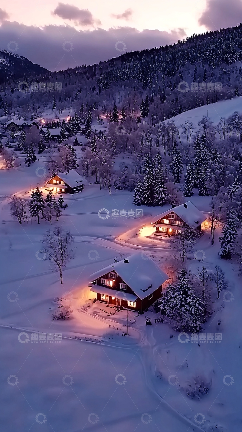高清大图下载【趣麦麦图】雪夜山村景色