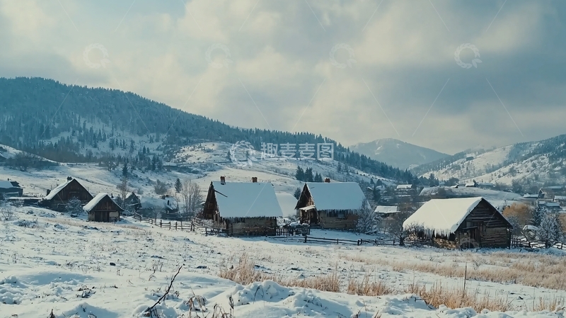 高清大图下载【趣麦麦图】雪山村庄冬季景色