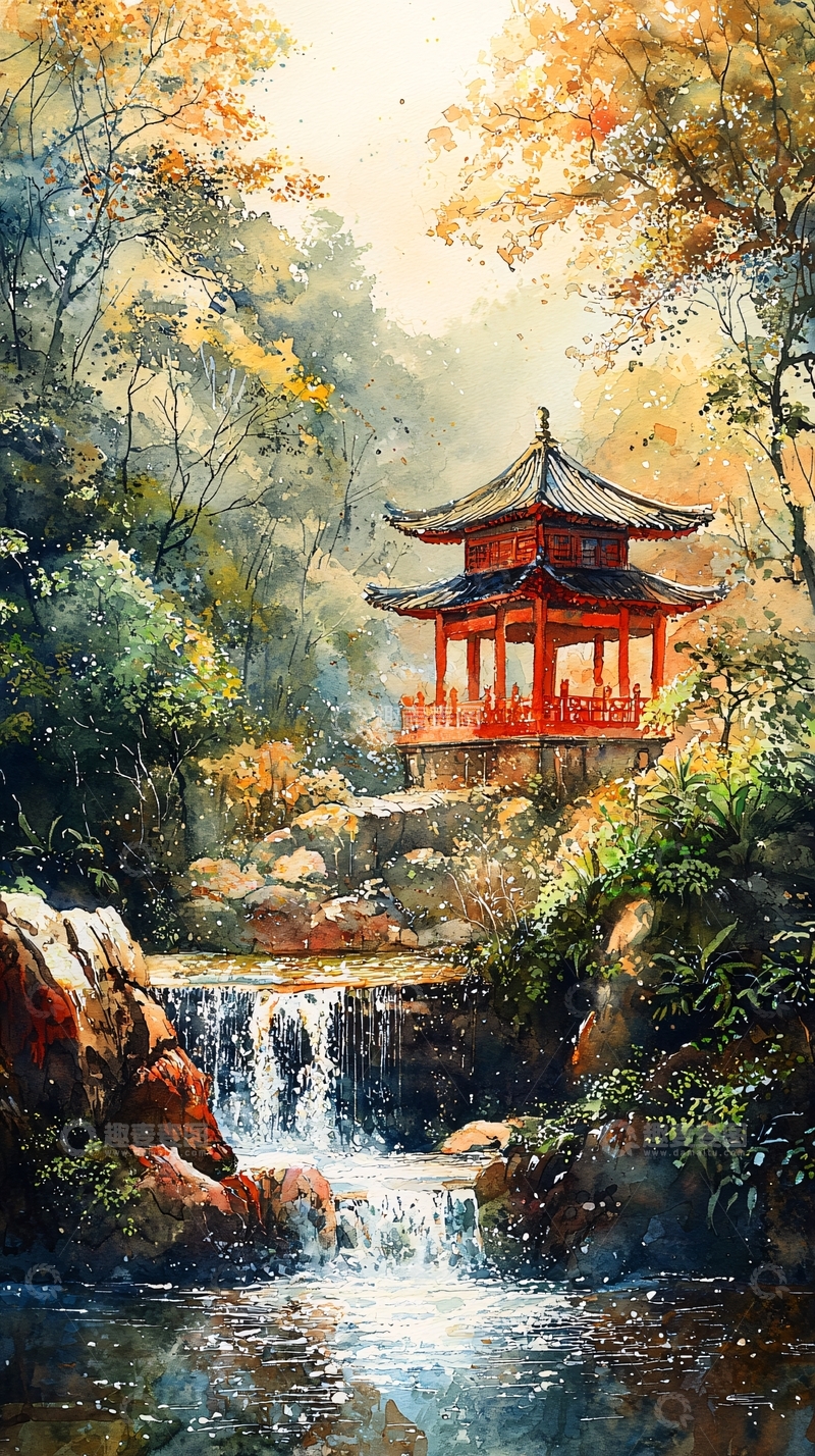 高清大图下载【趣麦麦图】中国风亭台楼阁山水画