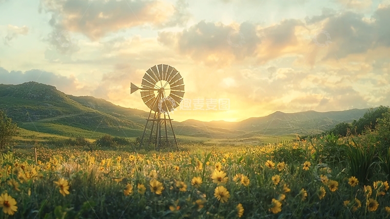 高清大图下载【趣麦麦图】夕阳下的向日葵田和风车