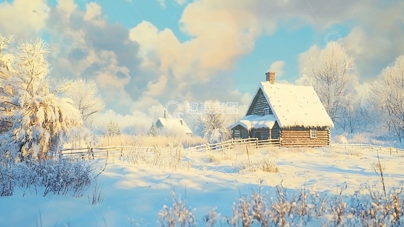 高清大图下载【趣麦麦图】冬日雪景乡村小屋